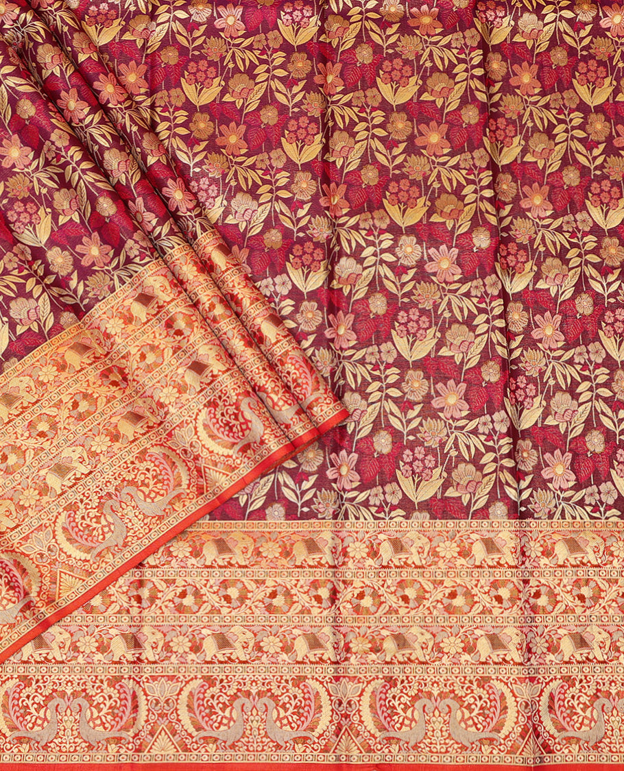 Maroon Pure Silk Half-Saree Woven with Floral Jacquard Design on Its Skirt, Complemented by a Contrast Meenakari Border Featuring Mayil and Yaanai Designs, Comes with a Contrast Jacquard Blouse and a Dhavani of Manga Designs