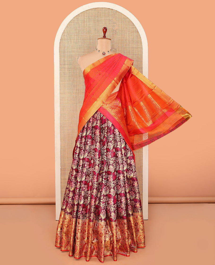 Maroon Pure Silk Half-Saree Woven with Floral Jacquard Design on Its Skirt, Complemented by a Contrast Meenakari Border Featuring Mayil and Yaanai Designs, Comes with a Contrast Jacquard Blouse and a Dhavani of Manga Designs