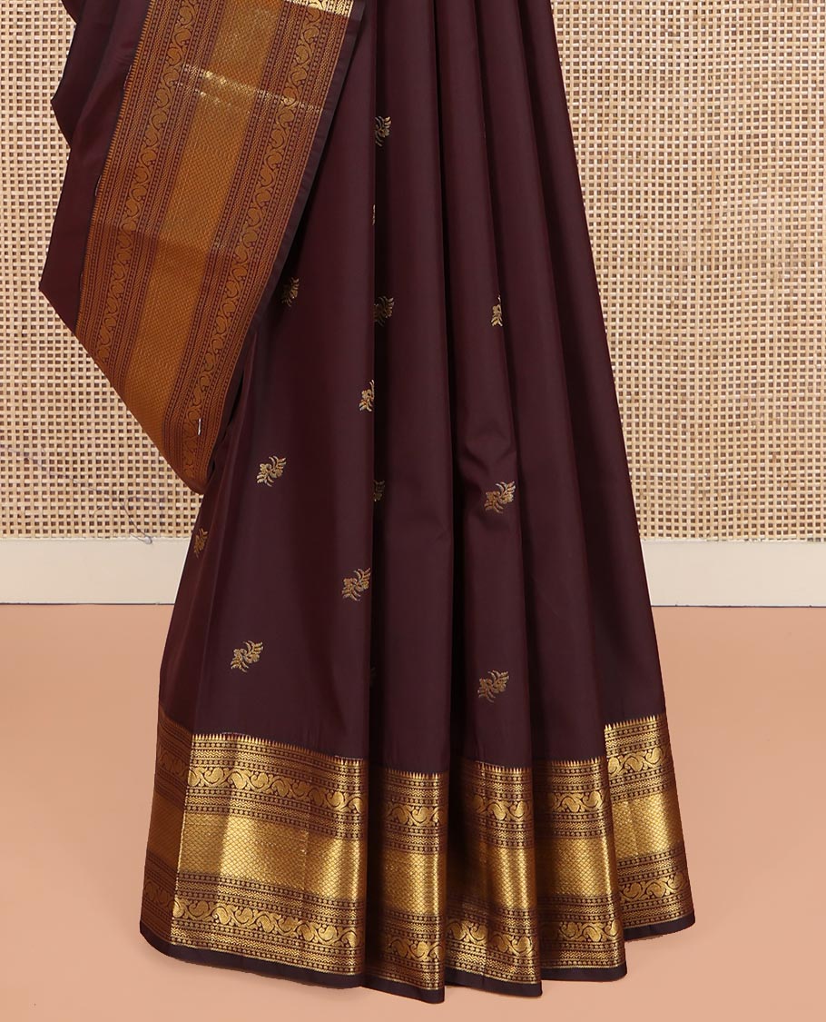 Coffee Brown Budget Silk Saree, Elevated With Zari Buttas All Over Its Body, Highlighted By Traditional Zari Designs Woven Border, Grand Jaal Pallu and Paired with a Matching Blouse
