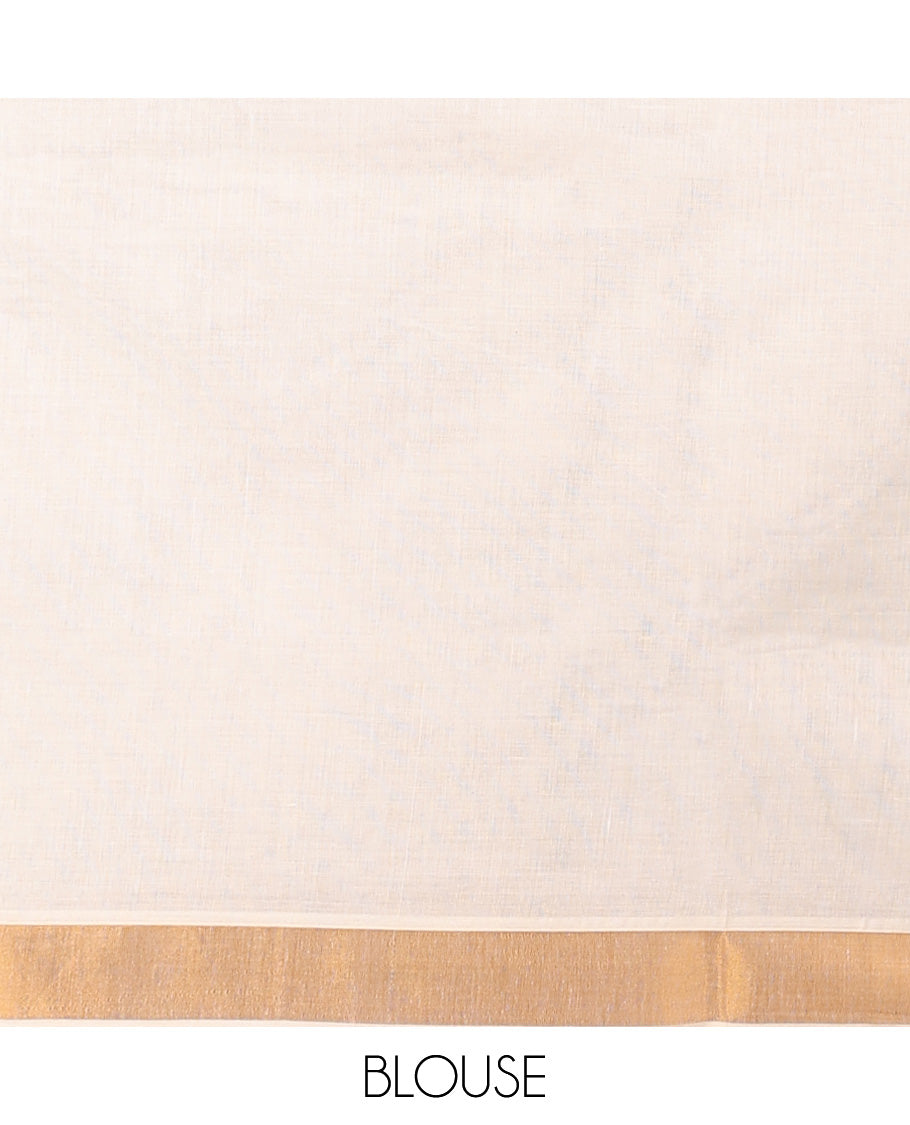 Cream kerala saree with zari stripes, zari border & pallu of peacocks