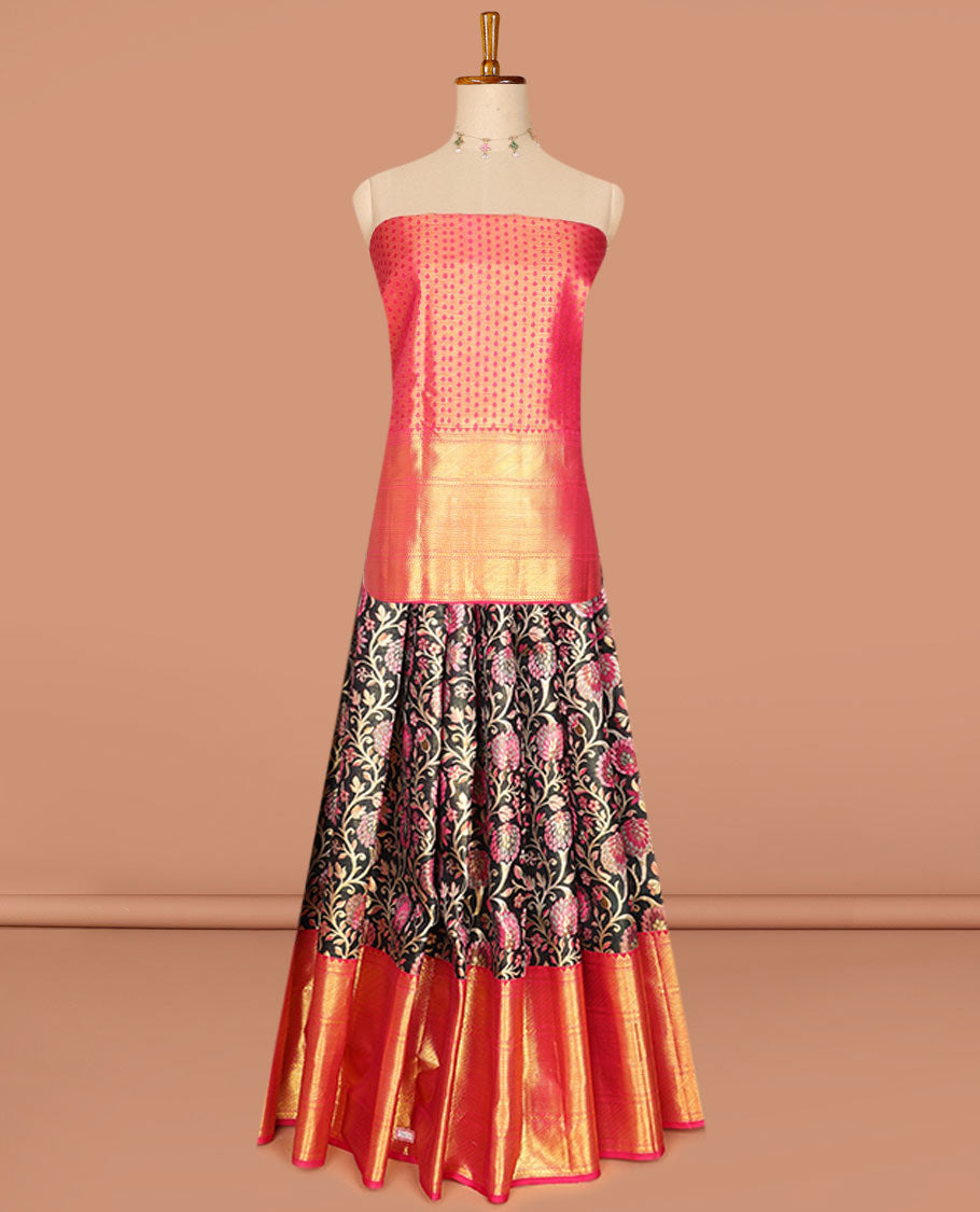 Black pure-silk half saree, meenakari floral jaal jacquard skirt, contrast border & blouse of geometric patterns & intricate dhavani