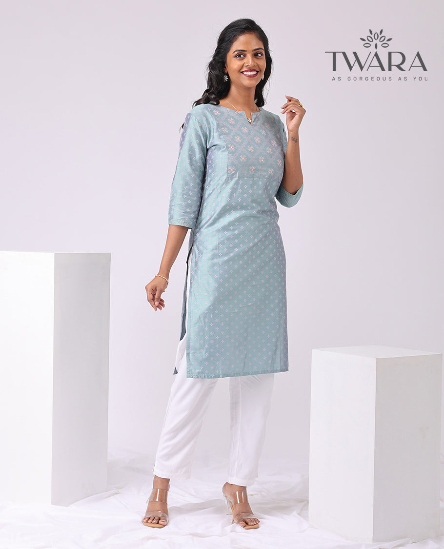 Twara Blue floral motifs boat neck , knee length , 3/4 sleeve kurti