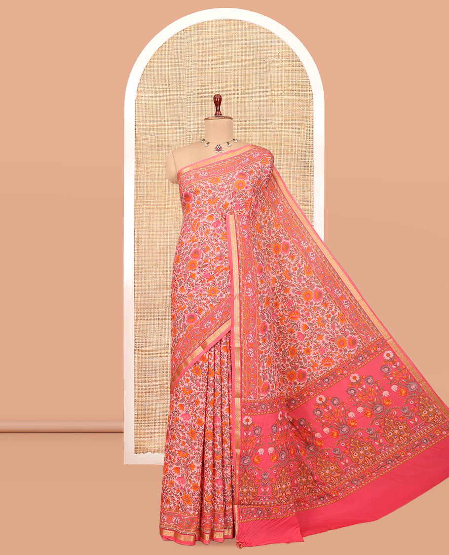 Pink Printed Silk Saree, Bedecked with Floral Vine Print, a Traditional Zari Border, Self-Pallu, and a Matching Blouse