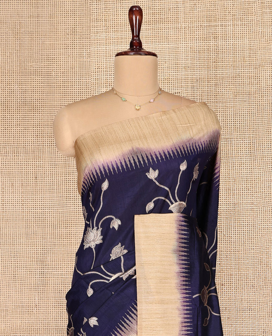 Blue Dupion Silk Saree, Artfully Detailed with Pichwai Lotus Vine, Complemented by Contrast Temple Border, Pallu of Pichwai Lotus Motifs, and a Contrast Blouse