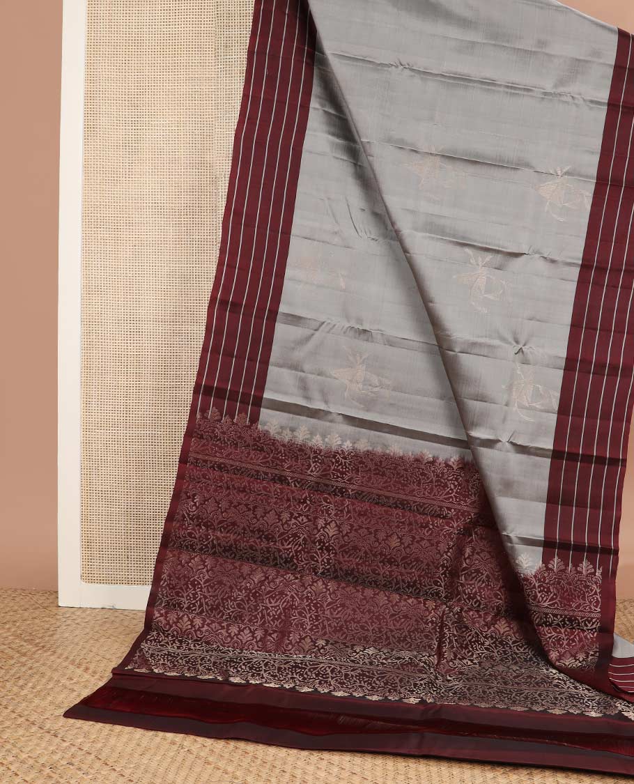 Grey zari buttas silk mix saree, contrast striped border & pallu of floral designs