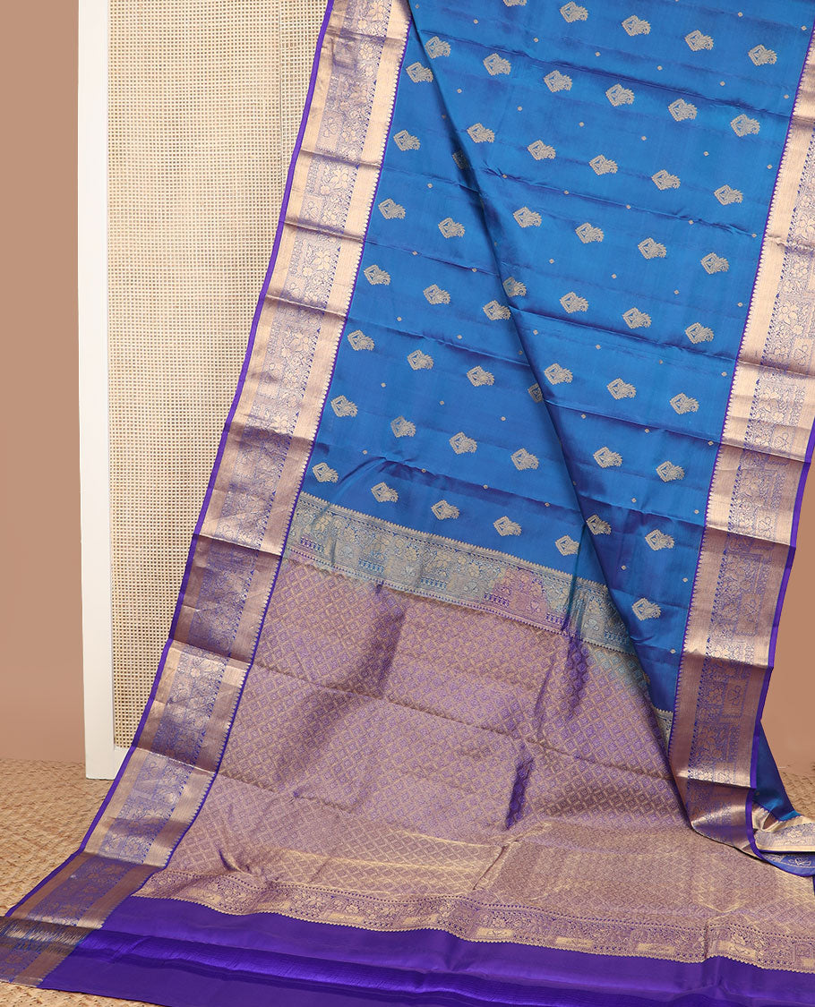Blue zari buttas vasundhara silk mix saree, contrast jaal pallu & zari border of geometric & floral designs