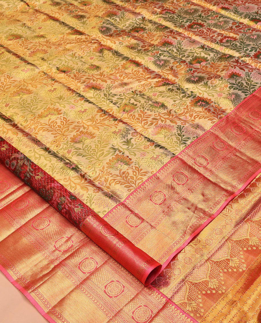 Gold Kanchipuram Tissue Silk Saree, Majestically Detailed with Floral Meenakari Jacquard, Contrast Border of Kathir, Muthu, Neli, Kuyil Kann, and Chakram, Jaal Pallu, and Contrast Blouse