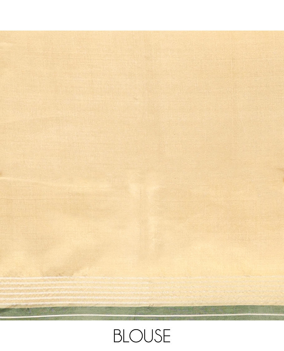 Sandal Plain Banana Pith Saree, Subtle Contrast Striped Border, Pallu Steeped with Stripes, and Paired with a Matching Blouse