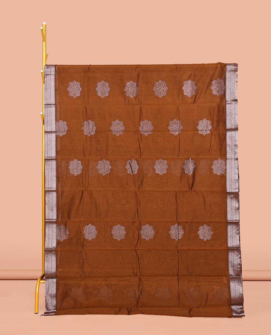 Brown Semi-Silk Cotton Saree, Woven with Zari Buttas All Over Its Body, Highlighted by a Zari Border, Grand Intricate Pallu, and Paired with a Matching Blouse