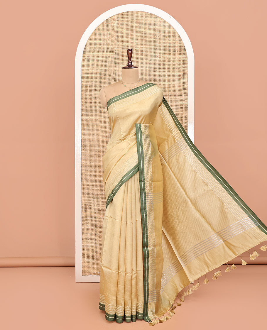 Sandal Plain Banana Pith Saree, Subtle Contrast Striped Border, Pallu Steeped with Stripes, and Paired with a Matching Blouse