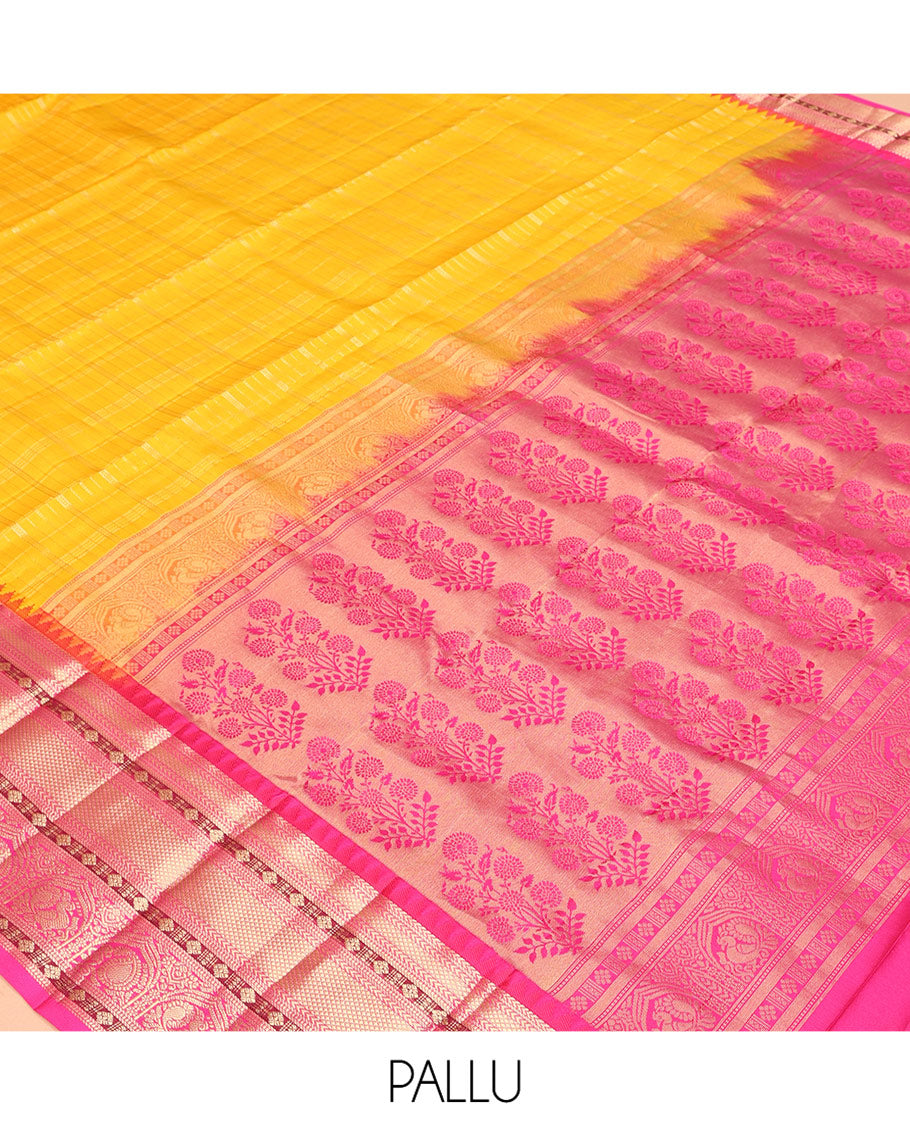 Yellow Vasundhara Silk Saree, Sparsely Threaded with Zari Checks, a Contrast Border of Kathir, Kuyil Kann, Manga, and Mayil Designs, Floral Design Pallu, and a Contrast Blouse