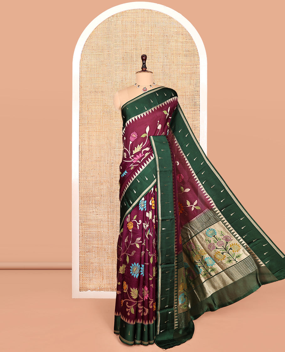 Green Matka Silk Saree, Bedecked with Meenakari Floral Vine All Over Its Body, Complemented by a Contrast Border of Traditional and Muniya Designs, Pallu of Floral Designs, and Paired with Contrast Blouse