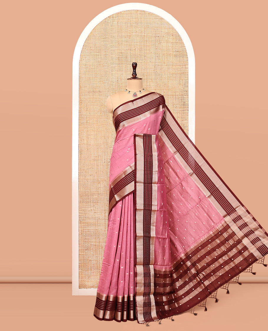 Pink Assam Silk Saree, Decked Up with Zari Buttas, Complemented by a Contrast Traditional Zari Border, Striped Pallu, and a Contrast Blouse