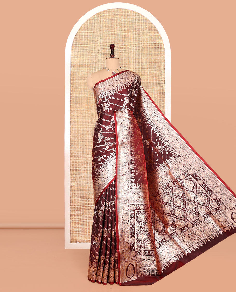 Maroon Banarasi Nylon Saree, Enriched with Buttas, Floral Creeper Zari Border, Intricate Pallu, and a Matching Blouse