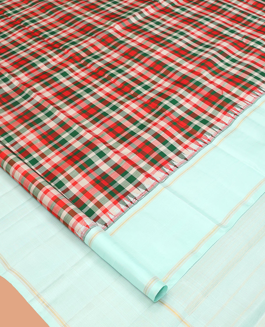 Multi-Color Checked Kanchipuram Silk Saree, Complemented by a Contrast Bodi Thazampoo Rekku Border, Zari Striped Pallu, and a Contrast Blouse