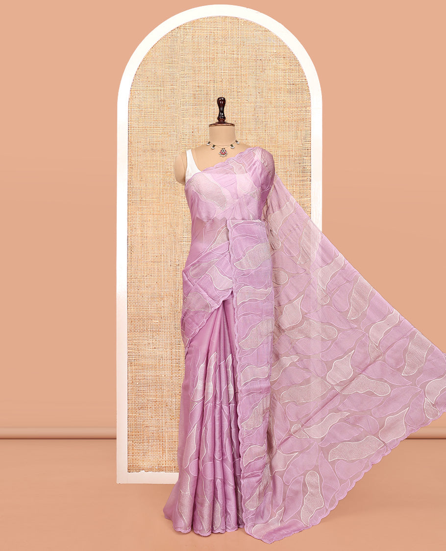 Pink Organza Saree, Delicately Woven with Abstract-Style Embroidery, a Scallop Border, and a Matching Blouse