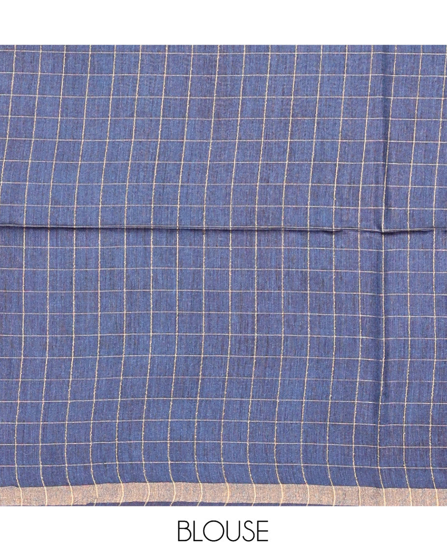 Blue-Checked Tussar Silk Saree, a Piping Border, Self-Pallu of Zari Stripes, and Matching Blouse