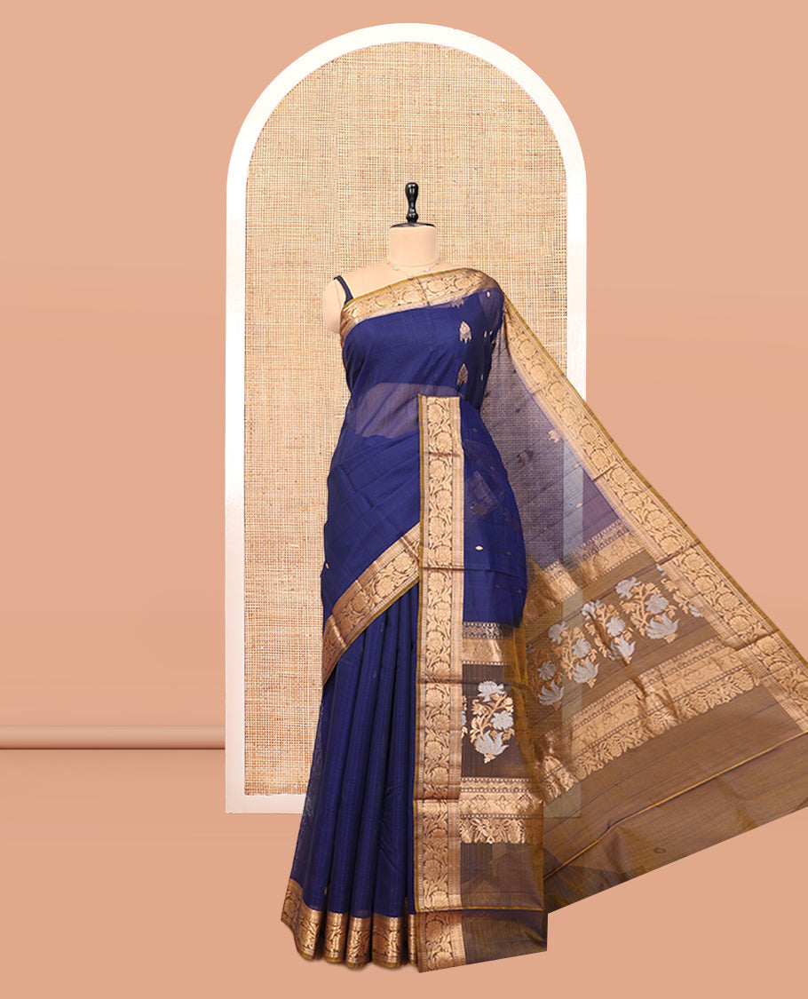 Blue Silk Cotton Saree, Finely Crafted with Zari Buttas, a Contrast Floral Creeper Border, Floral Pallu, and a Contrast Blouse
