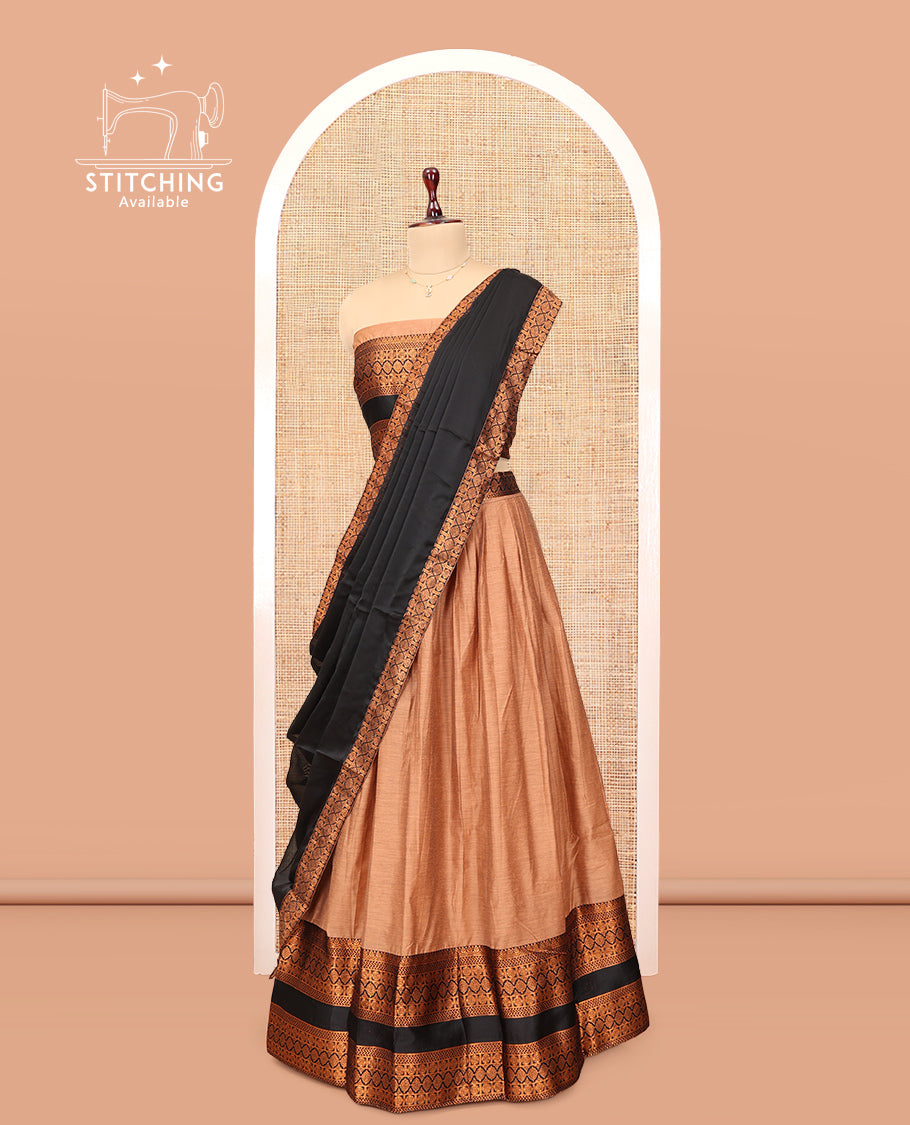 Sandal Chanderi Cotton Half-Saree, Plain Skirt, Contrast Traditional Zari Rettai Pettu Border, a Matching Blouse, and Contrast Dupatta