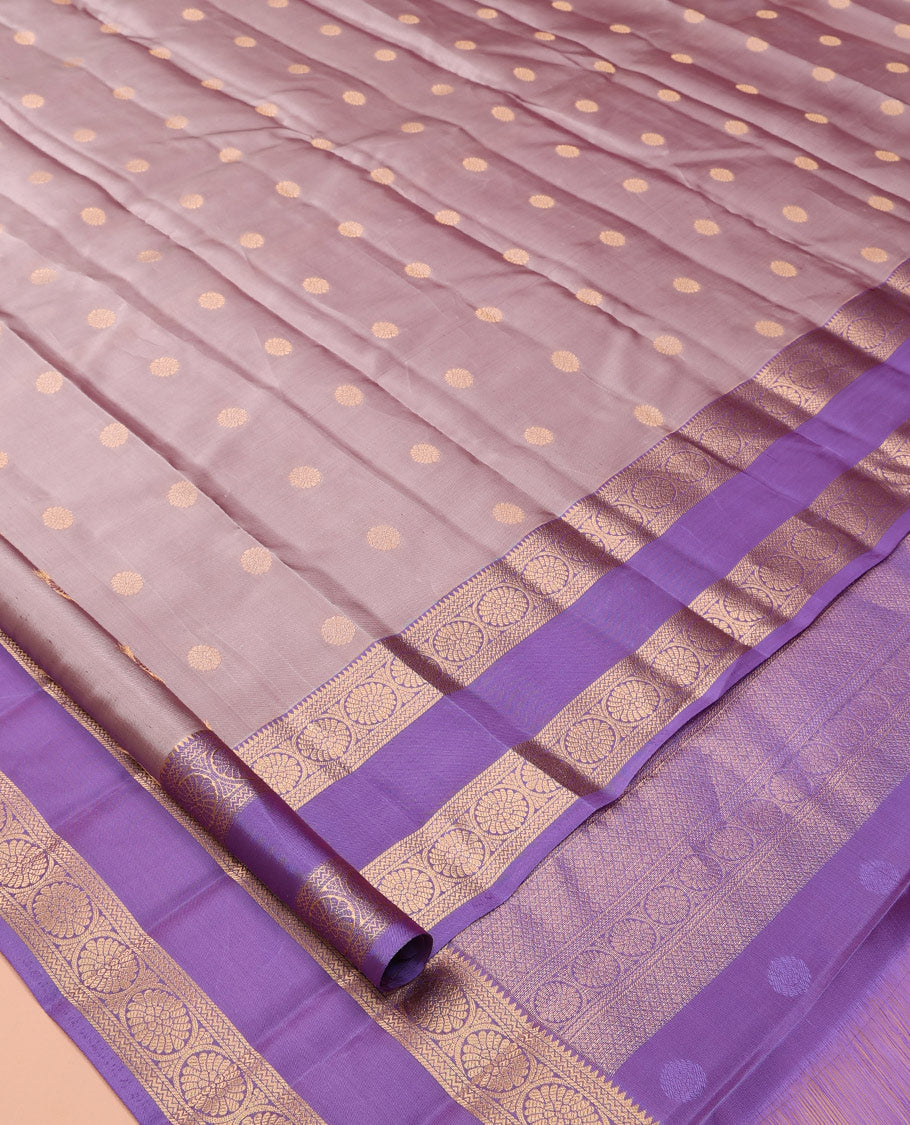 Grey Vasundhara Lite Silk Mix Saree, Richly Detailed with Zari Buttas, a Contrast Rettai Pettu Border of Neli, and Chakram Designs, Grand Pallu, and a Contrast Blouse