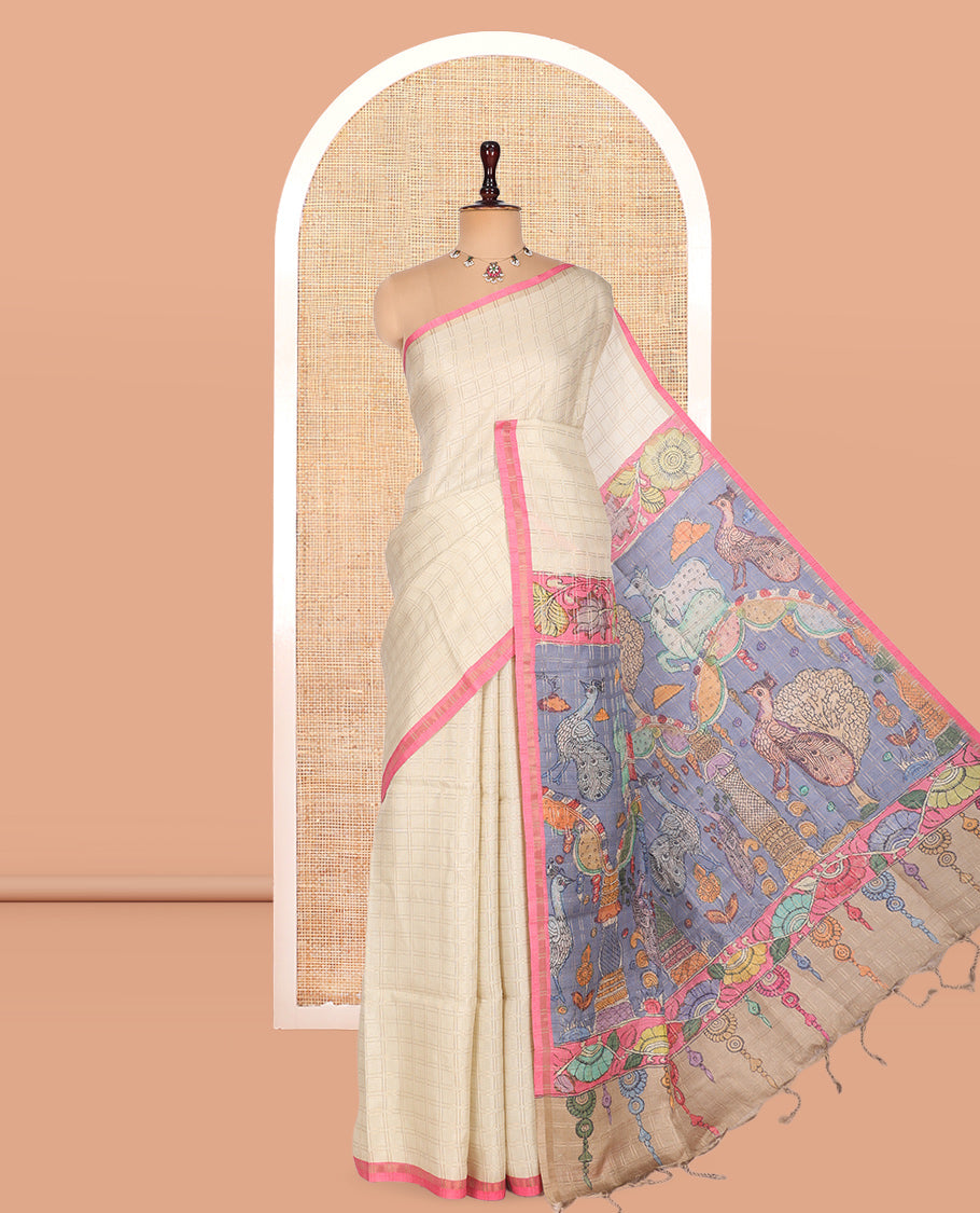 Cream Fancy Tussar Silk Saree, Embellished with Checked Design, Contrast Zari Piping Border, Pallu of Kalamkari Motifs, and Contrast Kalamkari Printed Blouse