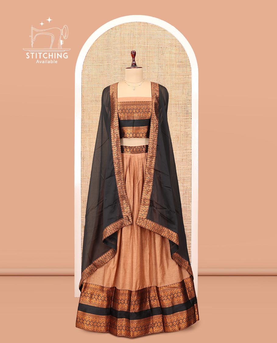 Sandal Chanderi Cotton Half-Saree, Plain Skirt, Contrast Traditional Zari Rettai Pettu Border, a Matching Blouse, and Contrast Dupatta