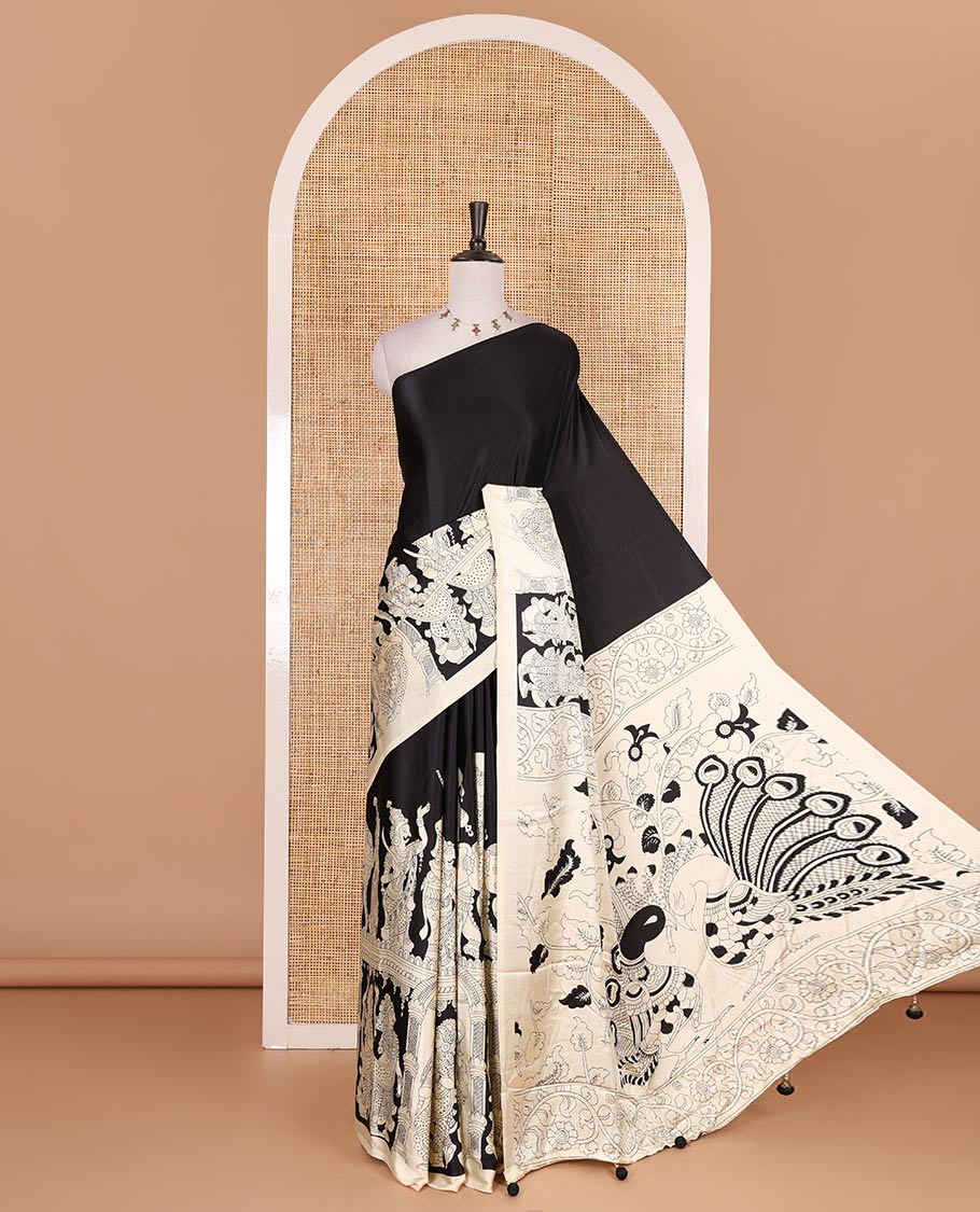 Borderless black and chikku colored kalamkari human figurines printed Gaji silk saree, kalamkari printed pallu and blouse