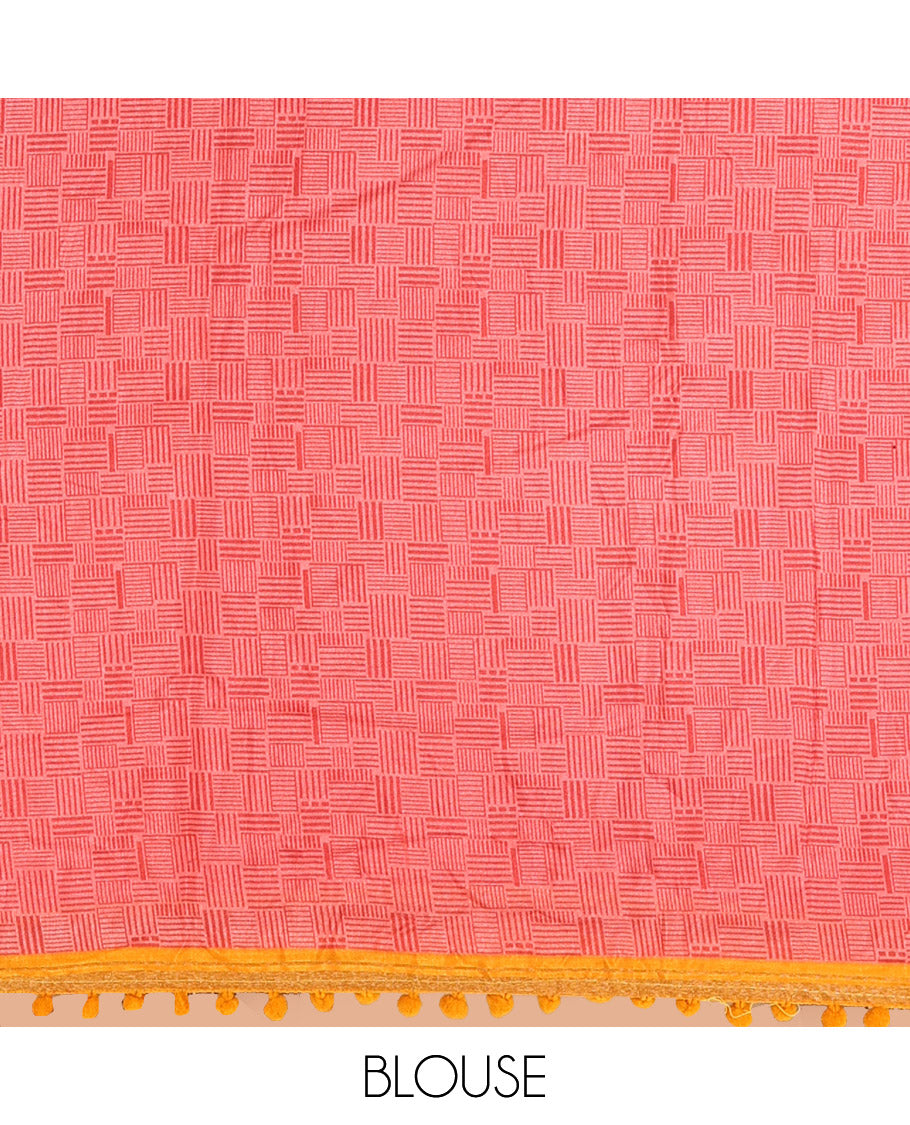 Mustard Chanderi Cotton Saree, Steeped with Small and Big Polka Dots on Its Body, Subtle Pom-Pom Tasseled Border, a Self-Pallu, and Paired with a Contrast Blouse