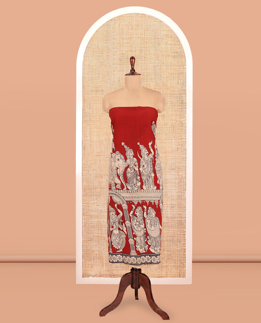 Maroon-Black Cotton Material Chudidar, Kalamkari Print Skirt, Contrast Bottom, Kalamkari Print Dhavani