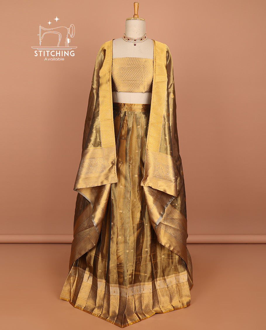 Brown zari buttas art silk half saree with contrast zari border, zari checked design blouse & intricate zari design dhavani