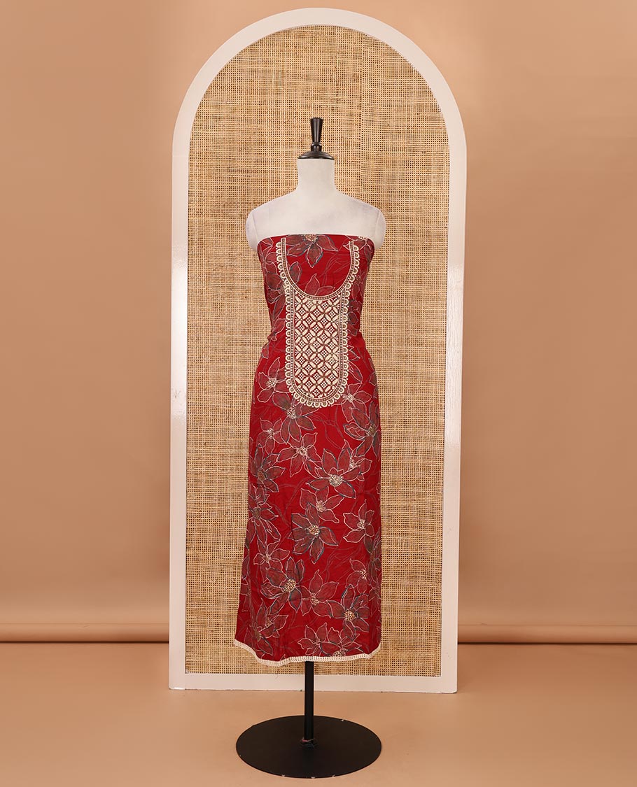 Chilli red material chudidar set, floral print & thread neck embroidered rayon top, matching cotton bottom & sequins embroidered floral dupatta