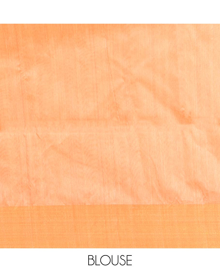 Cream Plain Semi-Jute Tussar Saree, Complemented by a Contrast Pink-Orange Ganga-Jamuna Temple Border, Sparsely Striped Pallu, and Paired with a Contrast Blouse