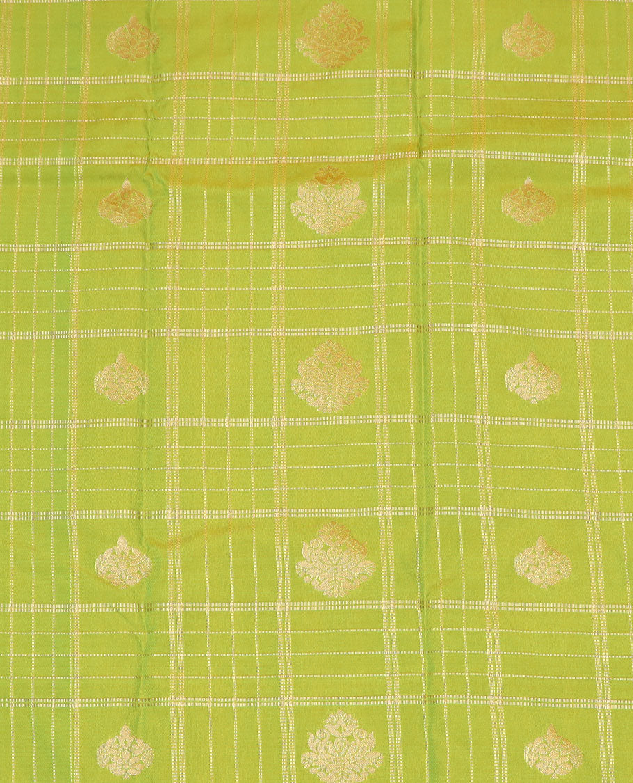 Leaf green art silk pavadai material set, zari butta enclosed checked pavadai & contrast blouse & traditional zari design border