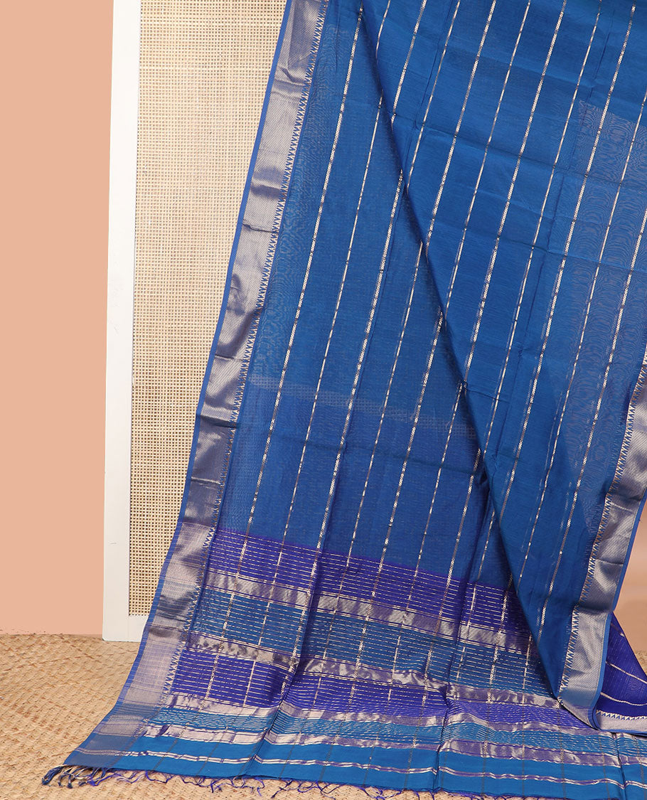 Blue stripedmaheshwari cotton saree with self floral zari design border & checked pallu