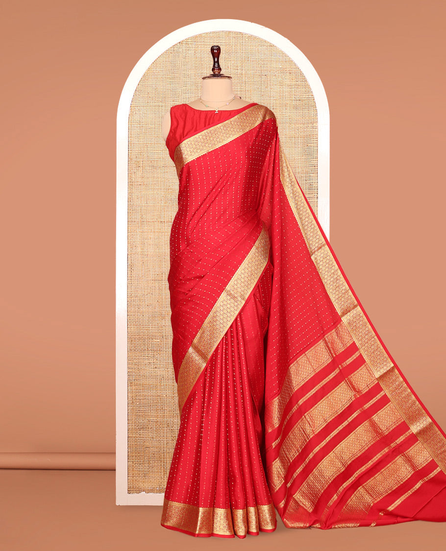Red Mysore Silk Saree, Steeped with Dobby-Style Buttas All Over Its Body, Highlighted by Jaal Patterned Border, Pallu of Jaal Designs, and Paired with a Matching Blouse