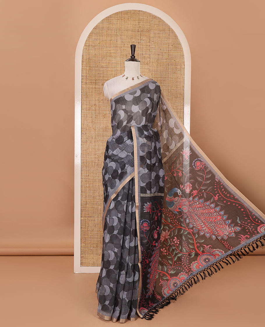 Grey polka dots printed linen cotton saree, piping border, kalamkari floral-peacock printed pallu & small polka dots printed blouse