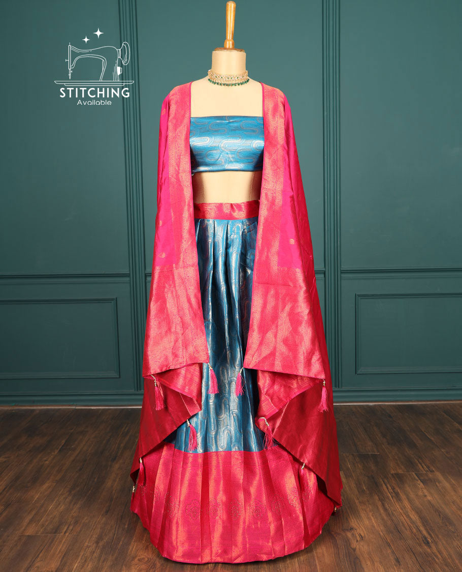 Blue geometric patterned artsilk halfsaree,contrast traditional zari design & stonework border & intricate dhavani