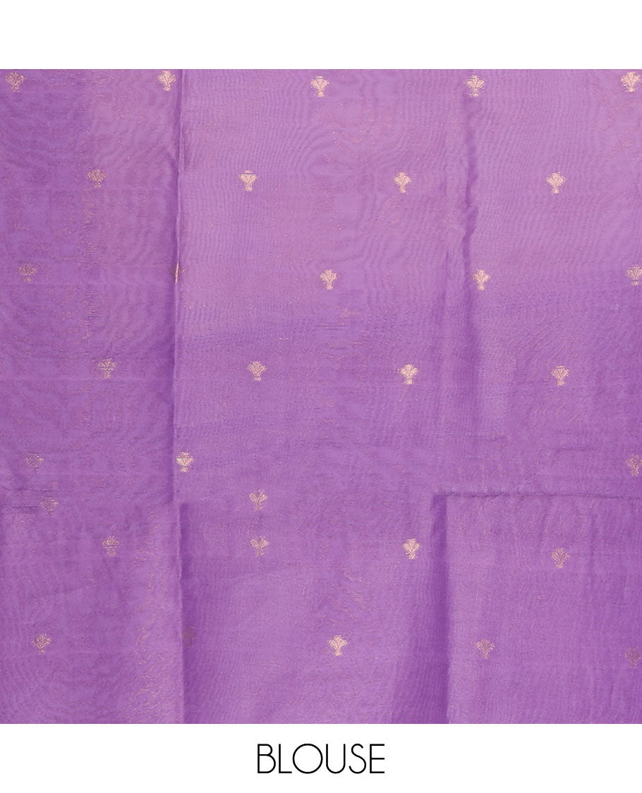 Cream with violet zari jall weaving design banaras brasso saree with contrast jacquard border & weaving pallu along with butta design blouse