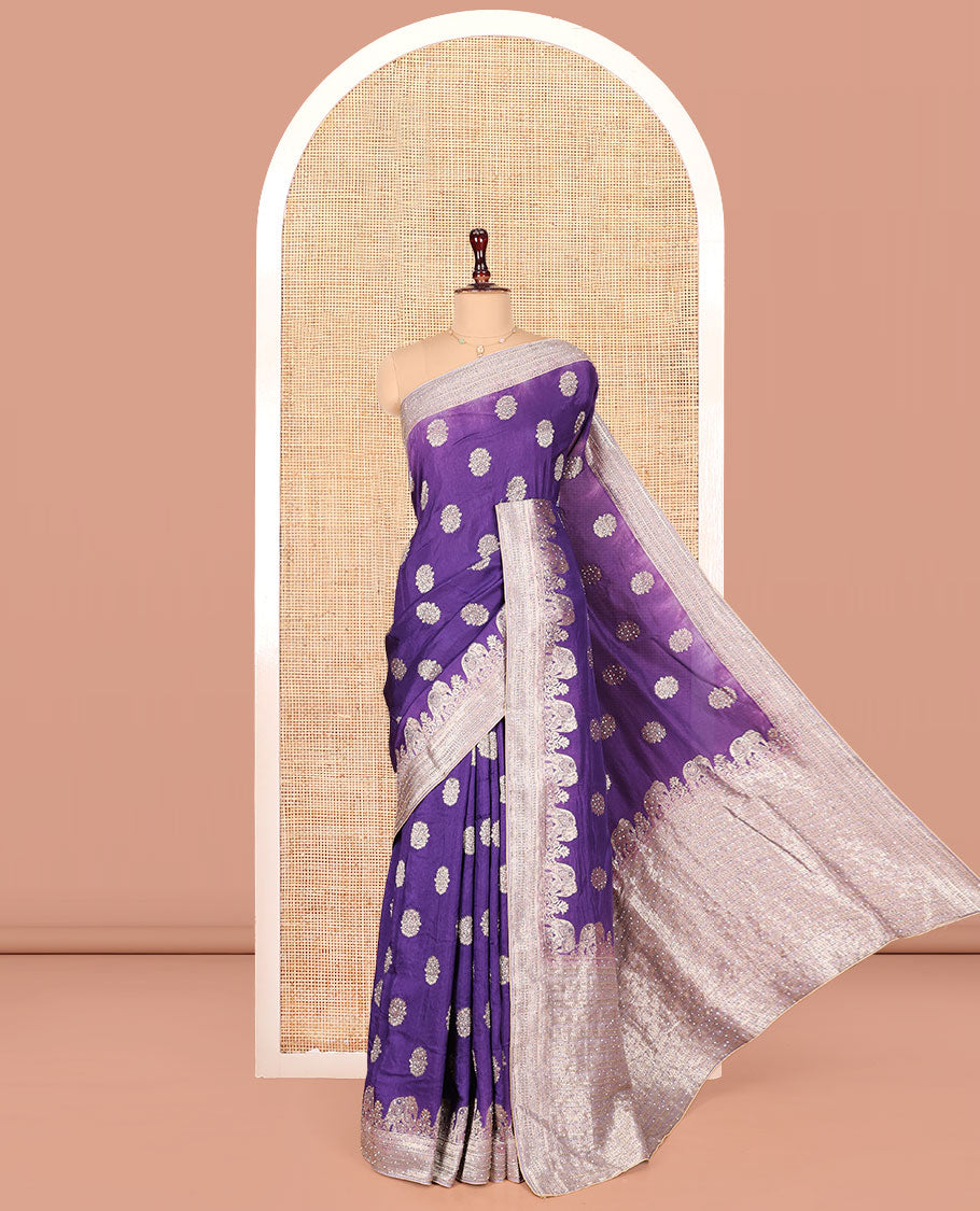 Violet Dola Silk Saree, Delicately Woven with Buttas on Its Body, Complemented by Contrast Border of Traditional and Embroidery Work, Intricately Designed Pallu, and Paired with a Contrast Blouse