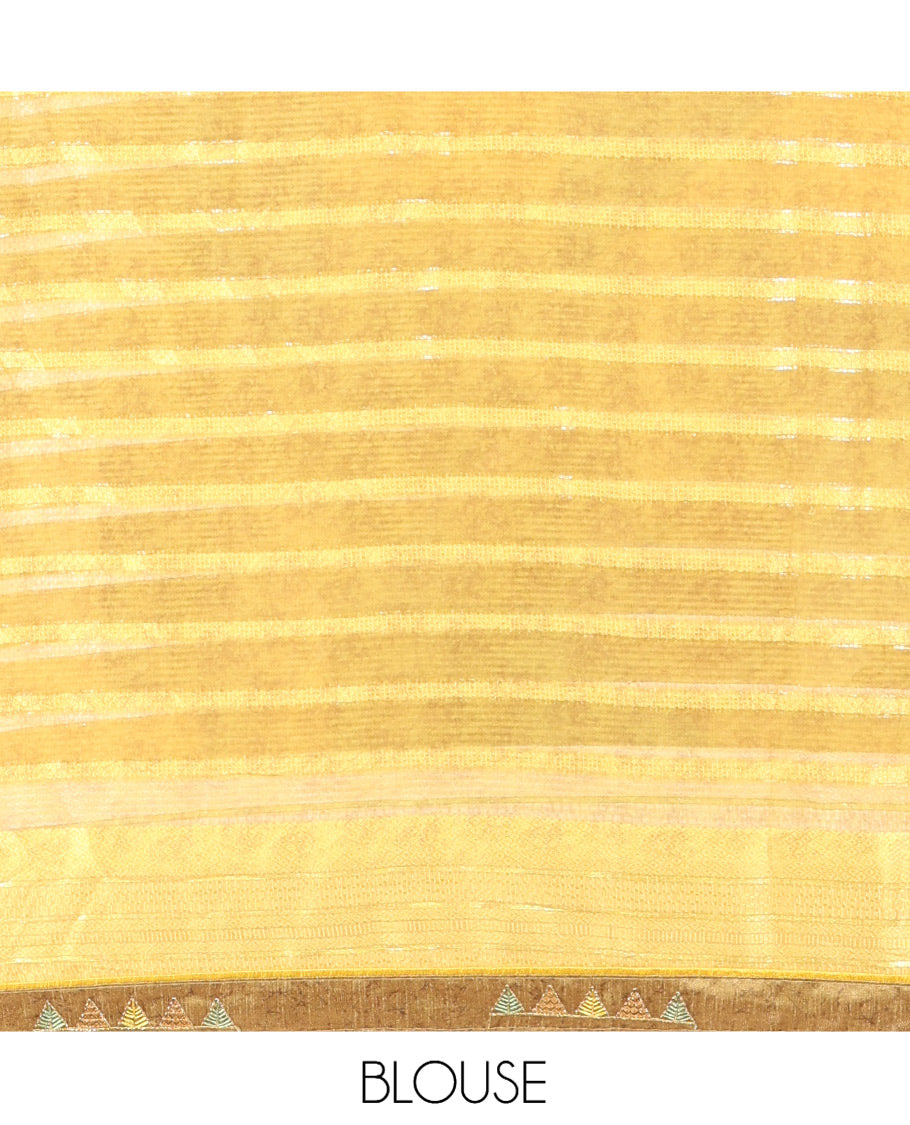 Mehendi Chiffon Saree, Adorned with Geometric Print, Lace Embroidery Border, and Matching Blouse