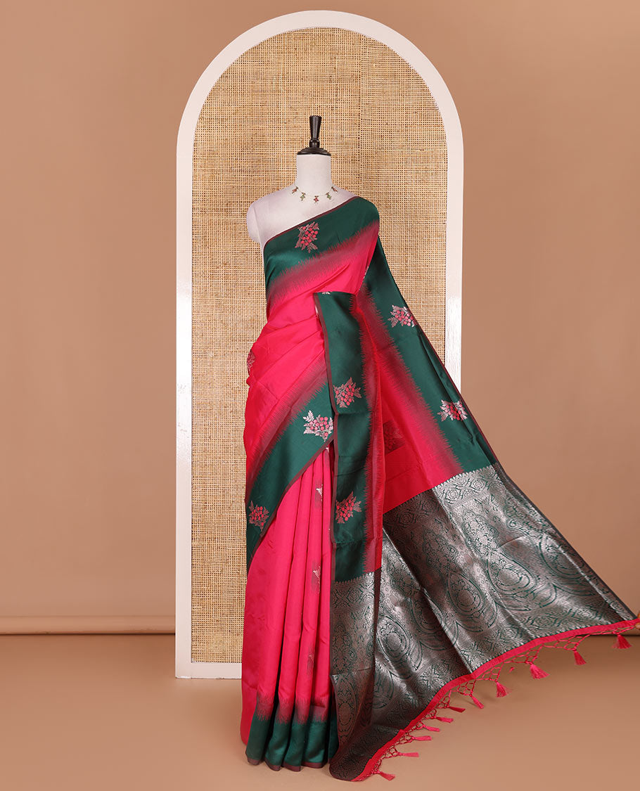 Rani pink-green floral buttas elite soft silk saree, contrast floral buttas border, and pallu of Mughal-style intricate zari designs