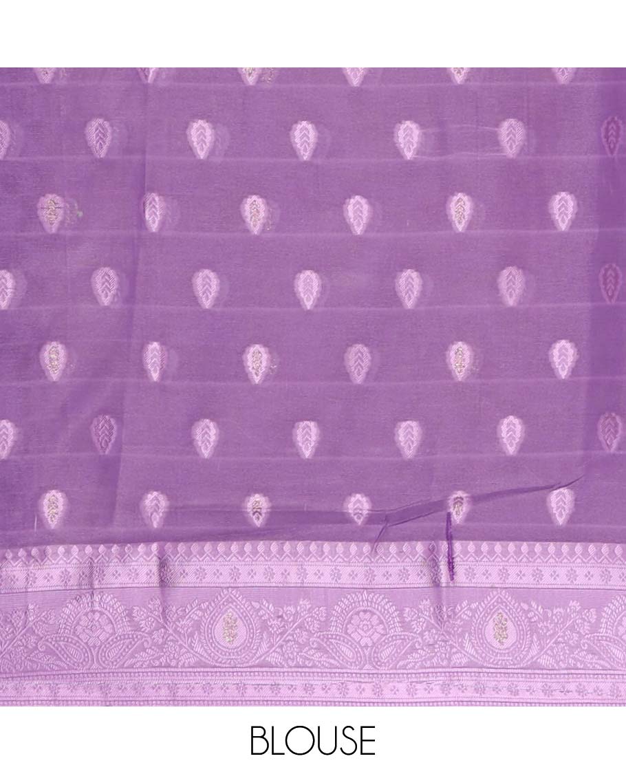 Cream with violet thread weaving, zari butta banaras brasso saree with contrast thread border & thread weaving pallu along with butta design blouse