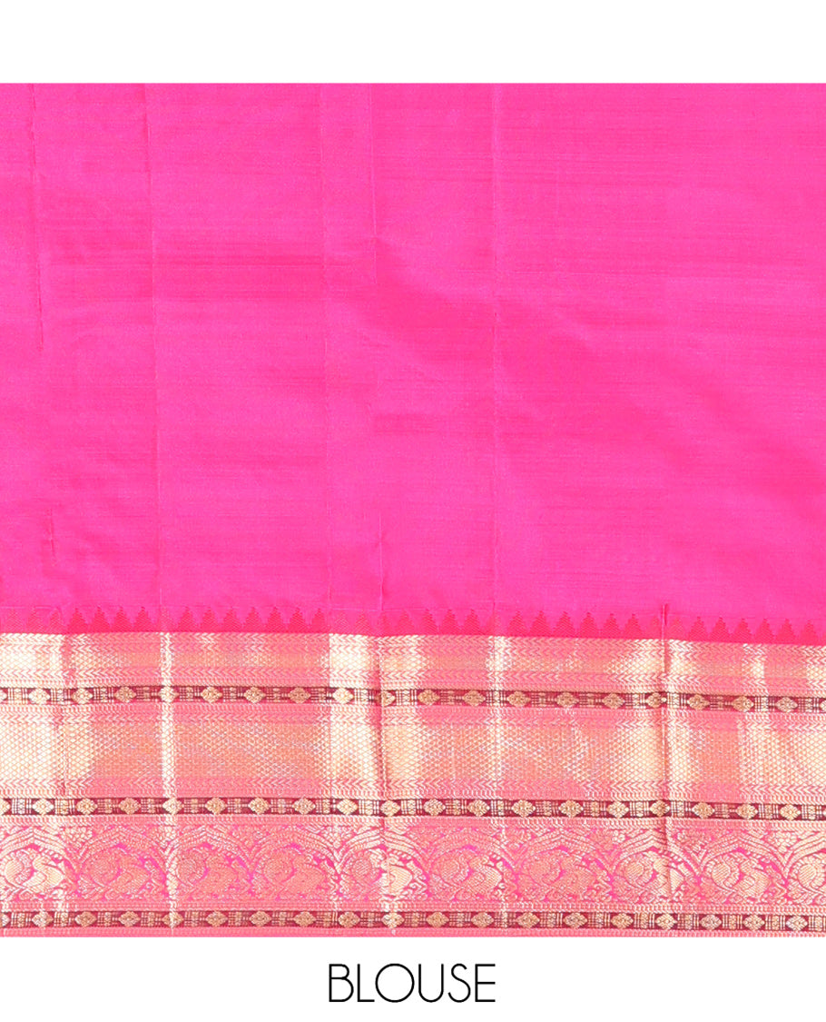 Yellow Vasundhara Silk Saree, Sparsely Threaded with Zari Checks, a Contrast Border of Kathir, Kuyil Kann, Manga, and Mayil Designs, Floral Design Pallu, and a Contrast Blouse