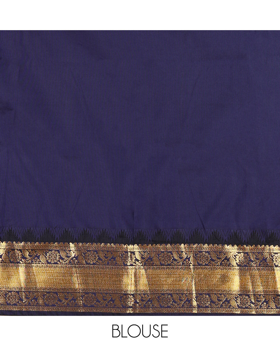 Orange Kanchipuram Budget Silk Saree, Finely Detailed with Zari Designs All Over Its Body, Complemented by a Contrast Temple Border of Floral Creeper Designs, Majestically Detailed Pallu, and Paired with a Contrast Blouse