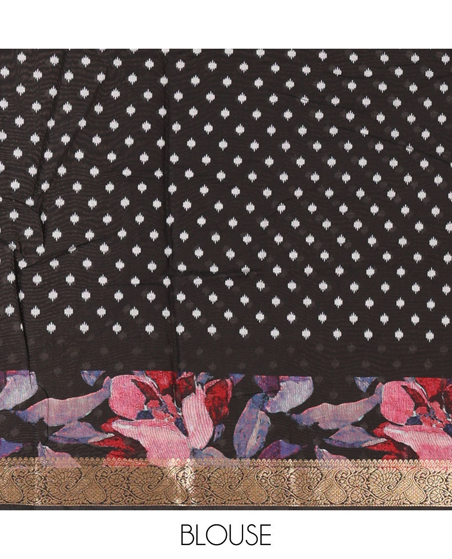 Grey kalamkari-style cow, lotus & human motifs printed Assam cotton saree, contrast floral print & zari paisley border & printed blouse