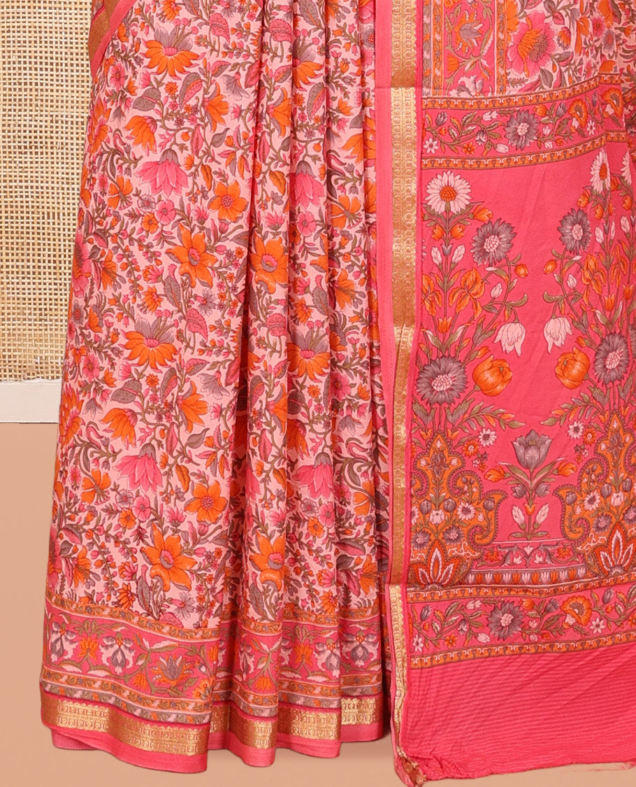 Pink Printed Silk Saree, Bedecked with Floral Vine Print, a Traditional Zari Border, Self-Pallu, and a Matching Blouse