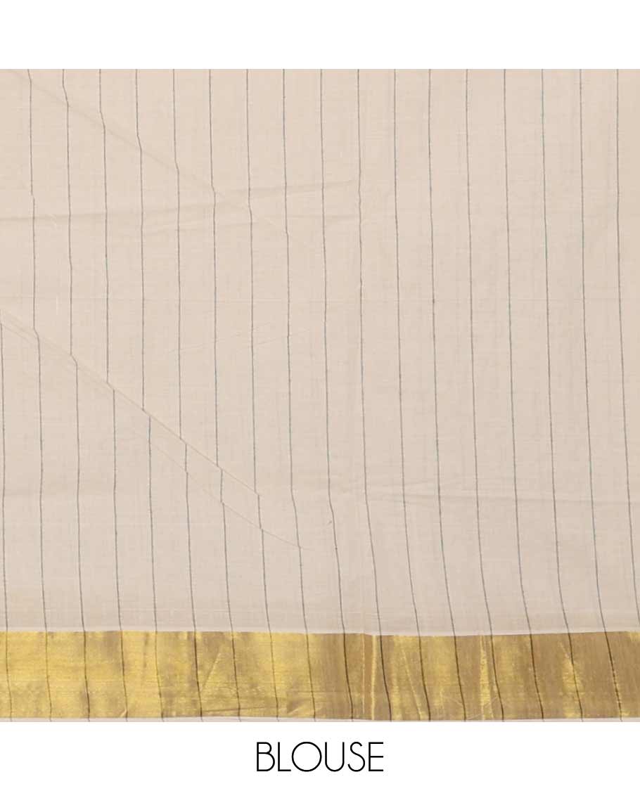 Cream & black Kerala cotton saree with stripes & leaf motifs screen print, golden zari border & screen printed pallu