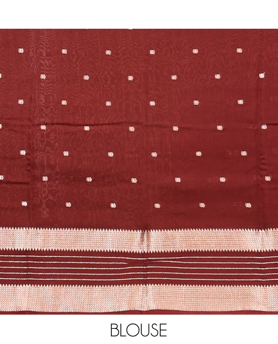 Pink Assam Silk Saree, Decked Up with Zari Buttas, Complemented by a Contrast Traditional Zari Border, Striped Pallu, and a Contrast Blouse