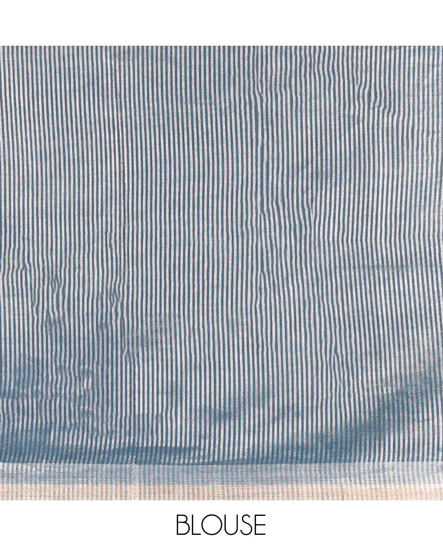 Blue Plain Linen Cotton Saree, a Subtle Zari Border, a Self-Pallu, and Matching Blouse