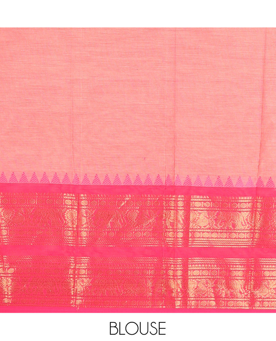 Pink Plain Chettinad Cotton Saree, a Contrast Traditional Rettai Pettu Temple Border, Striped Palu, and a Matching Blouse
